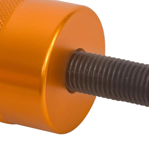 Close-up of Rock Solid Heavy Duty Piston Pin Puller and Wrist Pin Remover Tool, rust resistant aluminum alloy with precise threading.