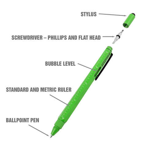 Two Piece Multi Tool Pen Set With Ballpoint EDC Pen And Stylus, Screwdriver, Ruler, Level, And Flashlight, disassembled view