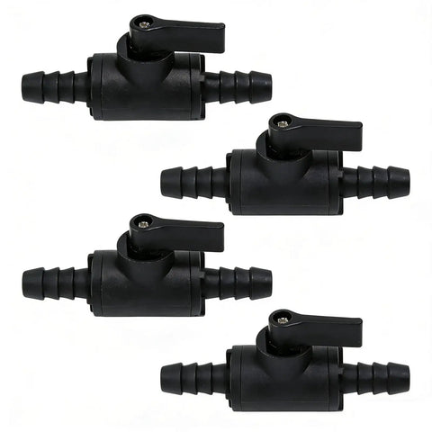 Four Pack Three Eighths Inch Ball Valve Barbed Shut Off Kit For Garden Sprayers Drip Irrigation And Aquarium Pumps shown in black