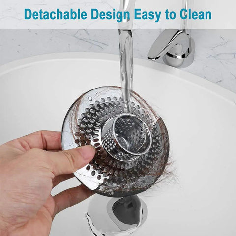 Hand holding Stainless Steel Hair Catcher Drain Strainer For Tub Shower And Sink under running water, easy clean design.