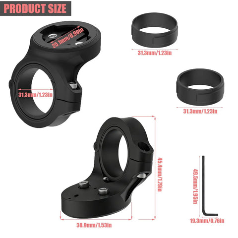 Universal Seatpost Bike Mount for Varia Radar RTL510 RTL515 RVR315 RearVue 820 Tail Light, clamp and spacers shown with measurements