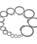 Assorted heavy duty black alloy steel C clips in 15 sizes from 4mm to 18mm; 290 Piece C Clips External Retaining Ring Assortment Kit