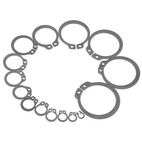 Assorted heavy duty black alloy steel C clips in 15 sizes from 4mm to 18mm; 290 Piece C Clips External Retaining Ring Assortment Kit