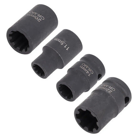 Pro Grade Brake Caliper Socket Set 4 Piece Kit 1/2 Inch Drive 11.5mm 10Pt 14mm 7Pt 20mm 10Pt 22mm 7Pt Tools