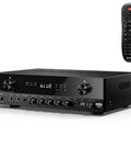 600W Peak Two Channel Stereo Receiver With Bluetooth 5 3 Phono Optical Coaxial USB FM Mic In Aux RCA Input Karaoke Ready Home Theater Audio System With Remote showing front view with remote control