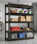 Five Tier Heavy Duty Metal Shelving Rack Featuring Fully Adjustable Levels Seventy Two Inches High By Thirty Six Inches Wide Hauls Up To Two Thousand Pounds For Garage Shop Bosses with various storage bins and tools.