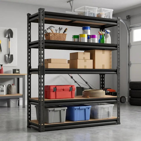 Five Tier Heavy Duty Metal Shelving Rack Featuring Fully Adjustable Levels Seventy Two Inches High By Thirty Six Inches Wide Hauls Up To Two Thousand Pounds For Garage Shop Bosses with various storage bins and tools.