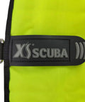 Close-up of XS Scuba logo on an Orange 50 Pound Lift Bag For Scuba Diving And Salvage, featuring durable nylon construction.