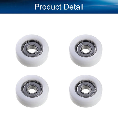 Heavy Duty White Nylon Bearing Pulley Flat Wheel Loaded With Dependable 608Z Ball Bearings For Hella Smooth Gliding On Sliding Doors Closet Hardware And DIY Shop Fixes An Absolute Legend Pack Of Four image showing four white nylon roller wheels.