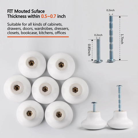 Ten Piece White Round Ceramic Drawer Knobs And Cabinet Pulls For A Quick Furniture Glow Up Featuring A Legit Glossy Grip And Super Chill Vibe To Make Your Cupboards Look Snazzy And Fresh, showing detail and size specifications.
