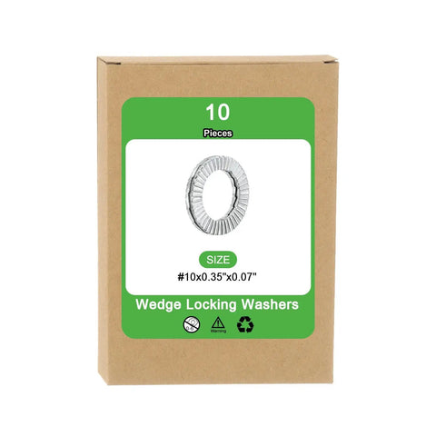 Box of 10 Size 10 Wedge Locking Washers In 304 Stainless Steel, Vibration Resistant DIN 25201, shown in packaging