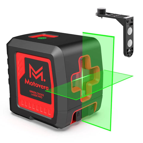 Pro Grade Self Leveling Laser Level With Green Cross Line, 100 Ft Range, Four Brightness Modes, shown with wall mount