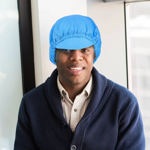Pro Level Antistatic Work Hats With Breezy Mesh Venting Keeps Things Chill In Busy Shops Lightweight Dustproof Head Cover on a man.