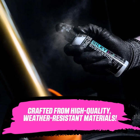 Silky Suspension Serum 100ml Protective Spray For Bike Shocks And Seals Reduces Stiction And Friction Repels Dirt Keeps Droppers Smooth High Performance Formula For Mountain Bikes And EBikes being applied to bike shock.