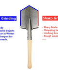 Battle Wolf Military Grade Survival Shovel with carbon steel head showing different grinding uses for rough and sharp tasks.