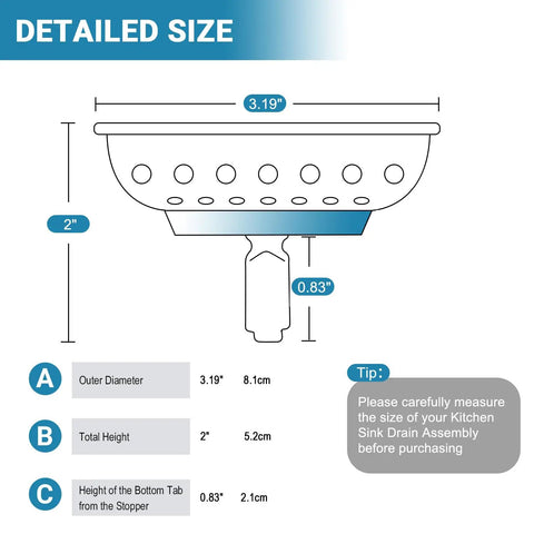 Diagram of Matte Black Stainless Steel Sink Basket Strainer, 3.19 inch diameter, 2 inch height, with measurements labeled.