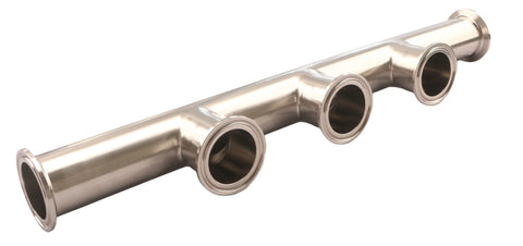Tri-clamp manifold, 1.5 inch, 3-port, 304 stainless steel, polished sanitary fitting.