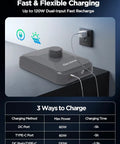 High Capacity 288Wh LiFePO4 Portable Power Station With Stand And Carry Case in charging mode, plugged into wall outlet