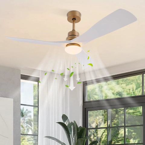 Ceiling Fan Light 48 Inch with Remote 6 Speeds 3000-6500K for Bedroom, modern gold finish, white blades, broad illumination.