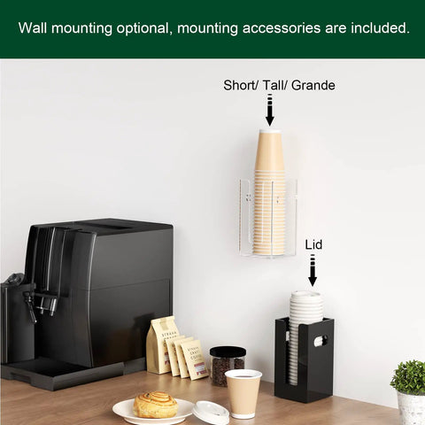 Disposable Coffee Cup Dispenser With Easy Grab Handles For Countertop Or Wall Mount Holds 3.54 Inch Dia Cups and Lids Up To 16 Oz Acrylic Lid Storage Organizer In Clear For Home Office Kitchen shown with cups and coffee machine.