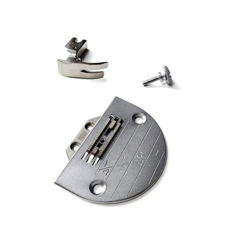 Pro Grade Needle Plate, Feed Dog, And Presser Foot Set For DDL8300 And DDL8700, shown disassembled on white background.