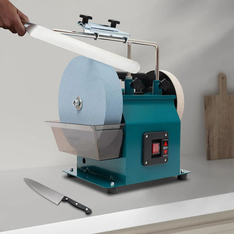 Badass 10 Inch Water Cooled Knife Sharpening Machine 240W Electric Bench Grinder featuring a knife being sharpened on its wheel.