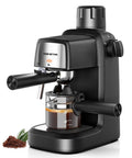 Compact 3.5 Bar Espresso Machine 800W Pump for hot iced coffee with clear glass cup and coffee grounds.