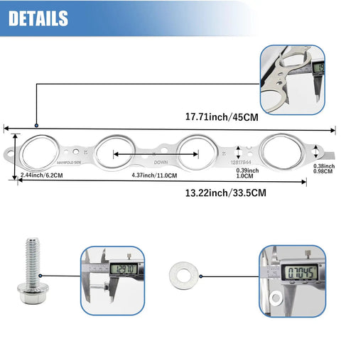 Diagram showing dimensions of MLS Exhaust Header Manifold Gasket With Bolts For Cadillac CTS Escalade Chevy Camaro Silverado GMC Pontiac LS Engines