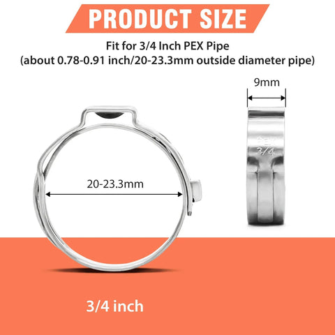 120 Pcs Three Quarters Inch PEX Cinch Clamps Rings, 304 Stainless Steel Single Ear Hose Clamps product size dimensions
