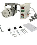 Industrial Brushless Servo Motor for Sewing Machines with controller, 500-4500 RPM adjustable, 110V 600W shown with parts.