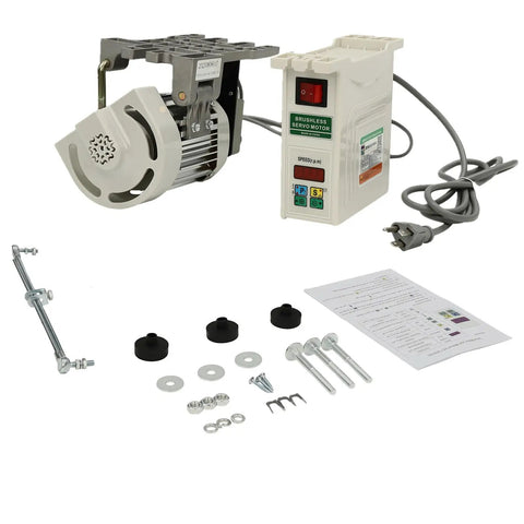 Industrial Brushless Servo Motor for Sewing Machines with controller, 500-4500 RPM adjustable, 110V 600W shown with parts.