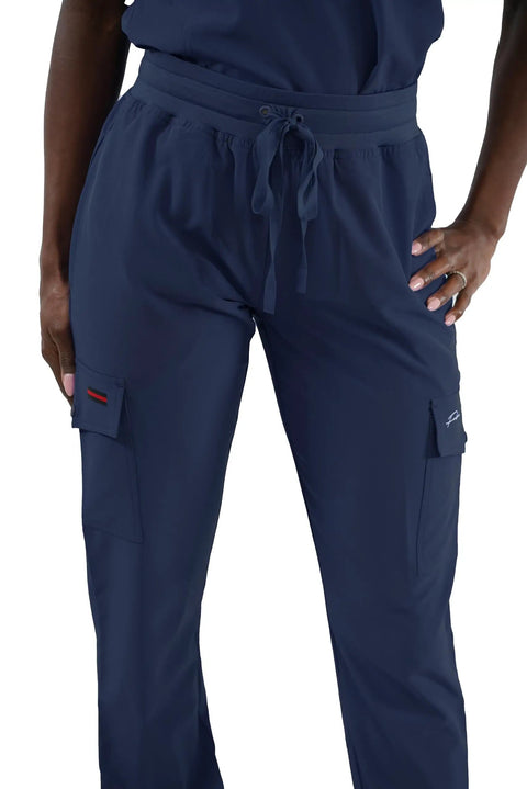 Women's Slim Fit Jogger Scrub Pants With Elastic Yoga Waistband Nurse Medical Uniform in navy blue with side pockets.