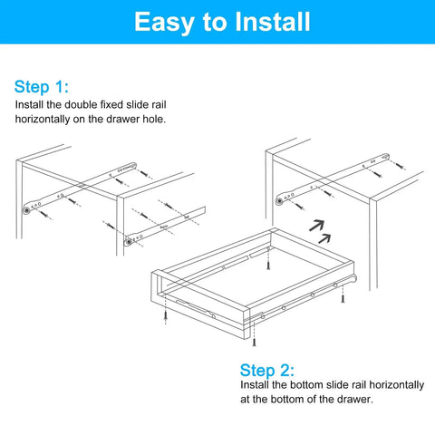 Illustration of 20 Inch Heavy Duty Drawer Slides Bottom Mount Side Mount Glides For Cabinets And Dressers installation steps.