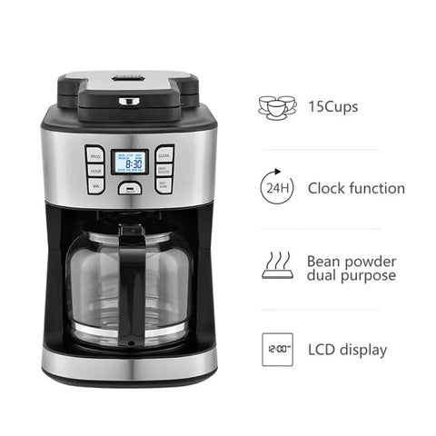 Front view of All In One Espresso And Coffee Grinder Machine, Semi Automatic Electric Brew System, Space Saving 2 In 1 Coffee Maker