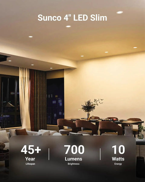 Sunco 4" LED Slim lights illuminating a modern living room, displaying 700 lumens brightness, 45+ year lifespan, and 10 watts energy use.