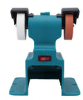 Heavy Duty Mini Bench Grinder And Buffer Polisher Featuring Secure Six Hole Mounting Base For 18V Battery Powered Workshop Rigs front view with white and red grinding wheels.