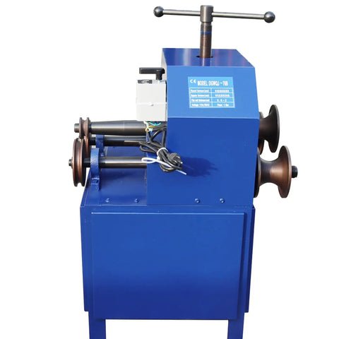 Pro Level Shop Ready Electric Pipe Bender And Tube Roller Machine With Comprehensive Die Setup For Snappy Curves On Square And Round Tubing Up To Three Inches, blue unit with control panel.