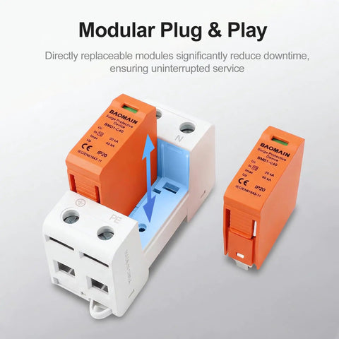 Two Pole 275V AC Surge Protector With 40kA Surge Capacity For Home And Office Single Phase DIN Rail SPD Heavy Duty Easy Install And Reliable Power Protection For Continuous Use modular plug-in cartridge