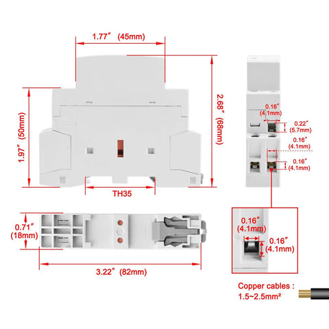 Dimensions of Household AC Contactor HSR1-16 16A 2 Pole 2NC with 24V DC Coil, 35mm DIN Rail Mount, diagram showing measurements.