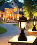 Dusk To Dawn Outdoor Post Light With Auto On Off Sensor Hands Free Hardwired 120V Exterior Lamp Post in garden at night