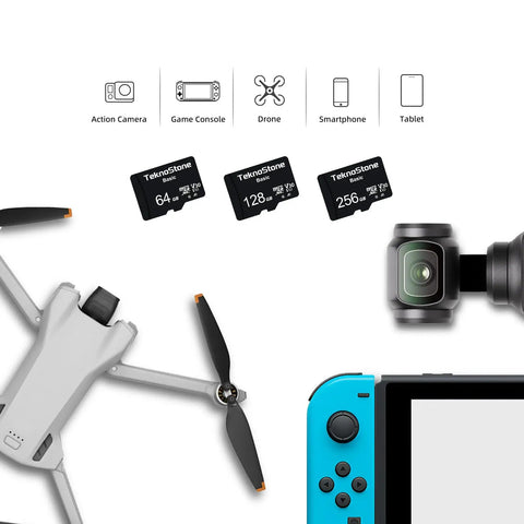 128GB MicroSDXC Memory Card With Adapter For Dashcams Security Cameras Tablets Phones Drones And Consoles Snappy Speeds Up To 90 MB Per Second Read And 50 MB Per Second Write UHS I C10 U3 V30 A1 Rated visible with 64GB and 256GB variants among a game console, drone, and action camera.