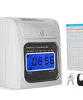 Plug And Play Crew Attendance Clock Featuring Auto Align Punch System With Fifty Standard Cards Dual Tone Inking Backlit Interface Zero Hassle Setup Top Tier Gear For Bosses Running Fast Growing Operations, showing digital display and attendance cards.
