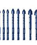 Eight blue serrated masonry drill bits set, sizes 6–14 mm, for concrete, tile, brick and ceramic
