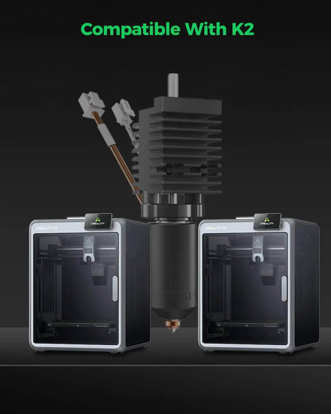 K2 Ceramic Hotend Kit With Quick Swap Nozzle for 3D Printers, shown with two 3D printer models, all-metal extruder in focus