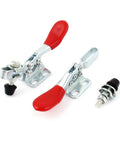 Two Pack GH-201 Toggle Clamp With Red Horizontal Handle Replaceable Quick Holding Mechanism, 27Kg/60Lbs Capacity, 80 Degree Swing, 6.6x4mm Mounting Holes, Silver Tone Finish, Beefy, Rugged Clamps For Secure Workholding, shown with mounting bolts