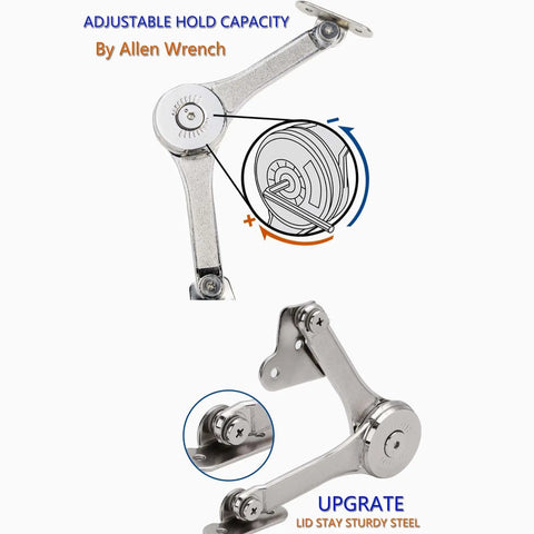 Close-up of heavy duty soft close chest hinges for toy boxes and wooden chests, zinc alloy, adjustable lid support.