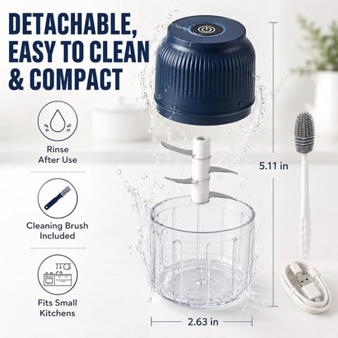 Cordless Electric Garlic Chopper And Mini Food Processor 400Ml Blue With Six Stainless Steel Blades, compact and easy to clean.