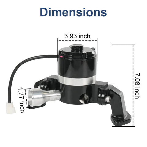 Bulletproof High Flow Electric Water Pump Setup For Big Block Chevy BBC 396 427 454 502 dimensions showing 3.93 x 7.08 inches.
