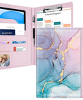 Padfolio For Women And Men With Clipboard Boss Style Cute Chic Resume Portfolio Folder Conference And Legal Document Organizer A4 And Letter Size 4 Card Holders Document Sleeve Pen Loop Pink Blue Gold showing open view with contents and clipboard