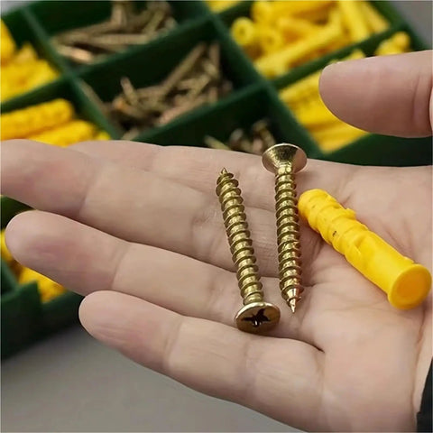 Heavy-Duty 180-Piece Self-Tapping Anchor Kit With Plastic Expansion Tubes And Cross Screws No-Prep Install Yellow Zinc Plated Carbon Steel Drywall Anchors For Strong Wall Mounts, screws and anchor on hand
